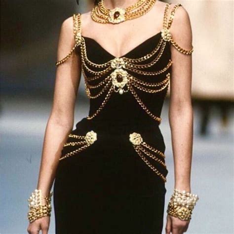 vintage versace black dress with gold chains|Versace Vintage Black Dress .